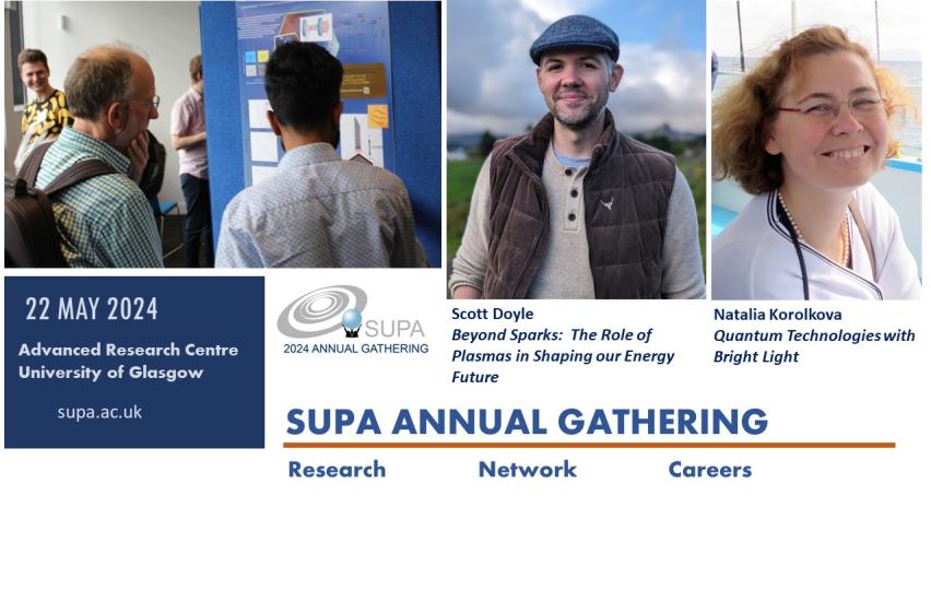 SUPA Annual Gathering poster - 22 May 2024, Advanced Research Centre, University of Glasgow, keynote speakers include Scott Doyle and Natalia Korolkova