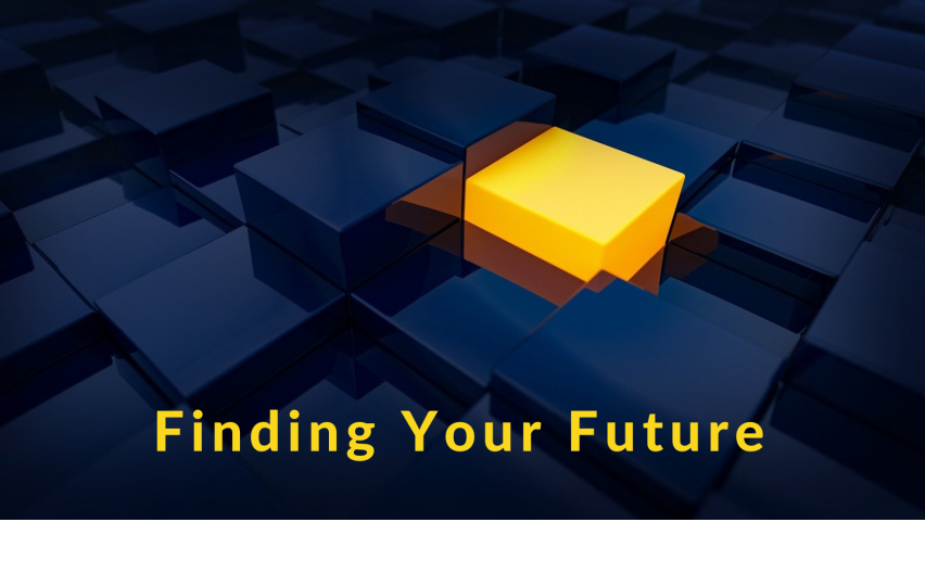 Dark blue boxes fill the image, with a single bright yellow cube in the middle sticking up. In matching yellow text at the bottom of the image is the phrase "Finding Your Future"